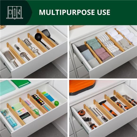 Adjustable Bamboo Drawer Dividers 4 Pack Expandable Kitchen Bedroom Organizer - Picture 4 of 7
